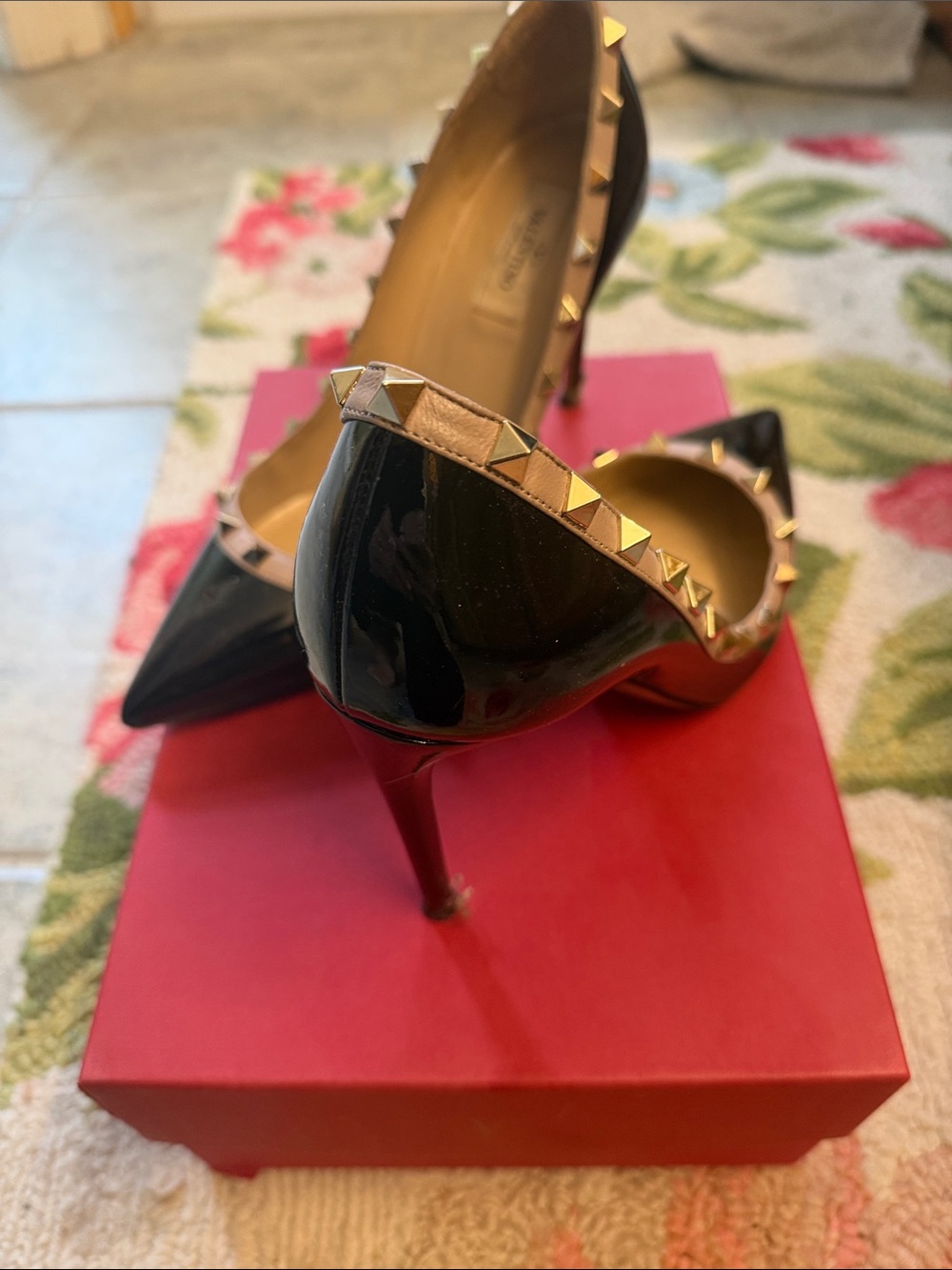 Valentino Black Patent Leather Rockstud Pumps with Nude Trim